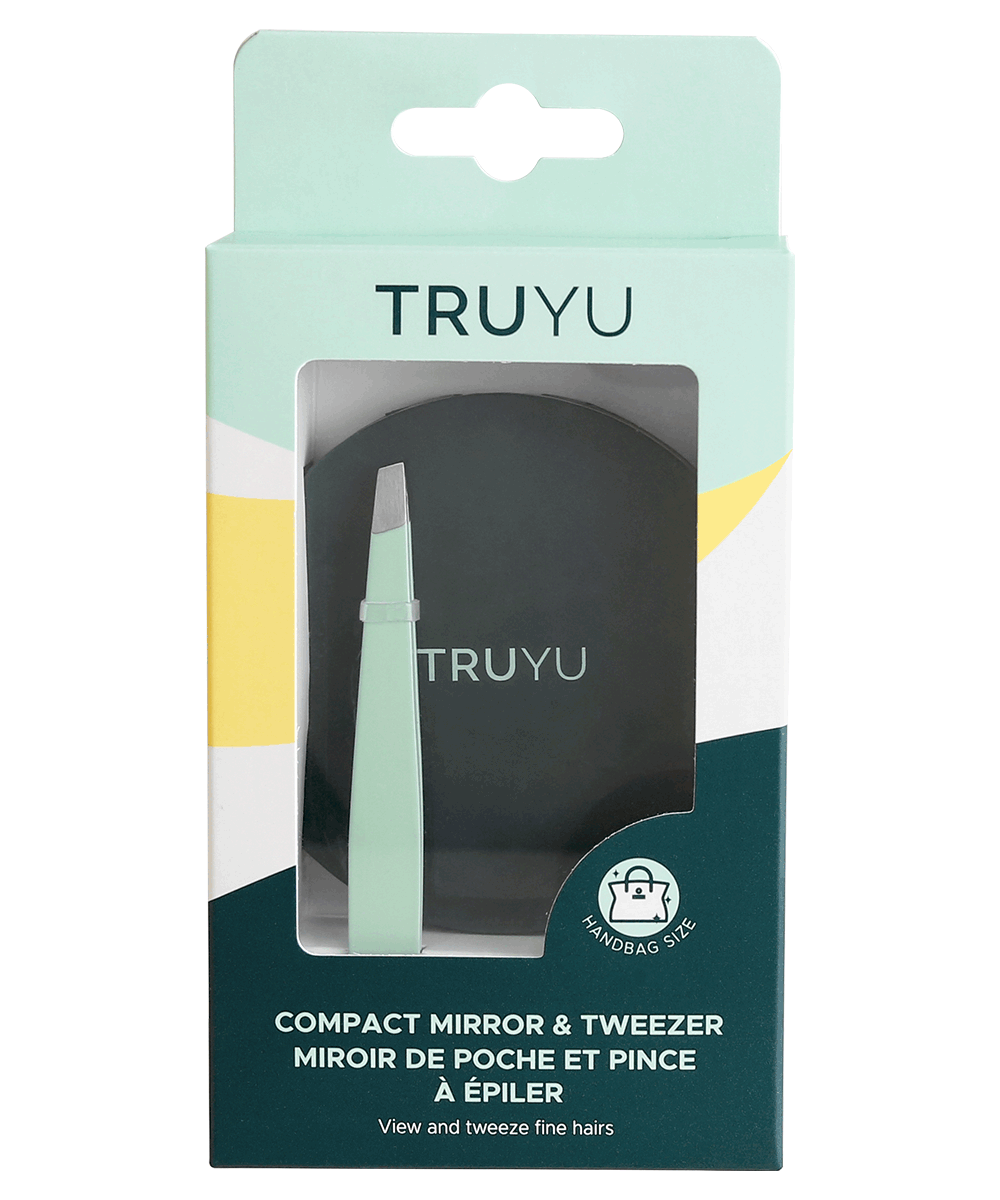 TRUYU Compact Mirror and Slant Tip Tweezer. In Packaging.