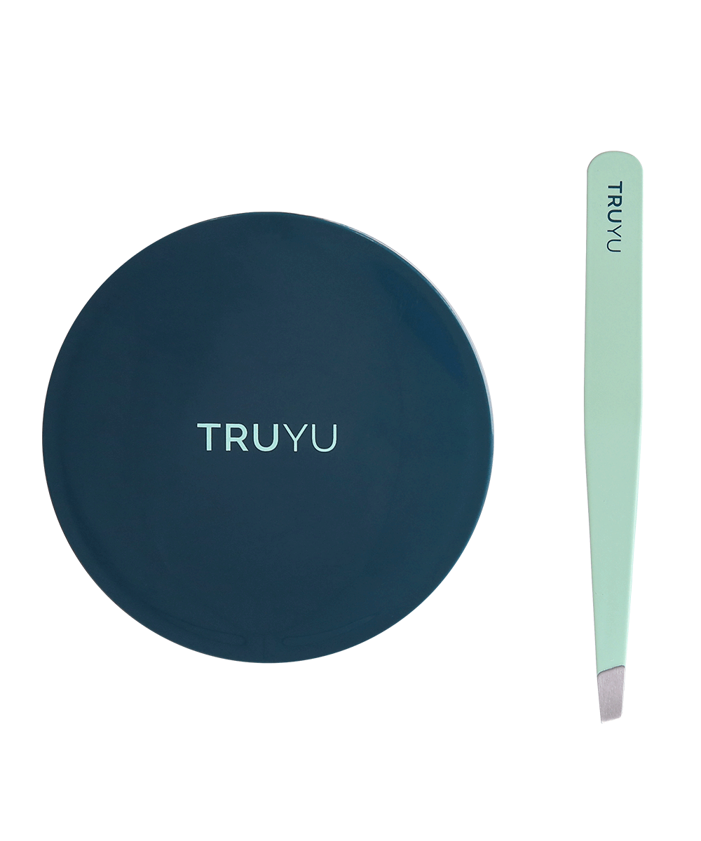 TRUYU Compact Mirror and Slant Tip Tweezer. Out of Packaging.